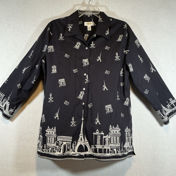 Talbots Womens Long Sleeve Cotton ButtonUp Paris Navy White‎ Hemside Slits Sz 14 - Picture 1 of 7
